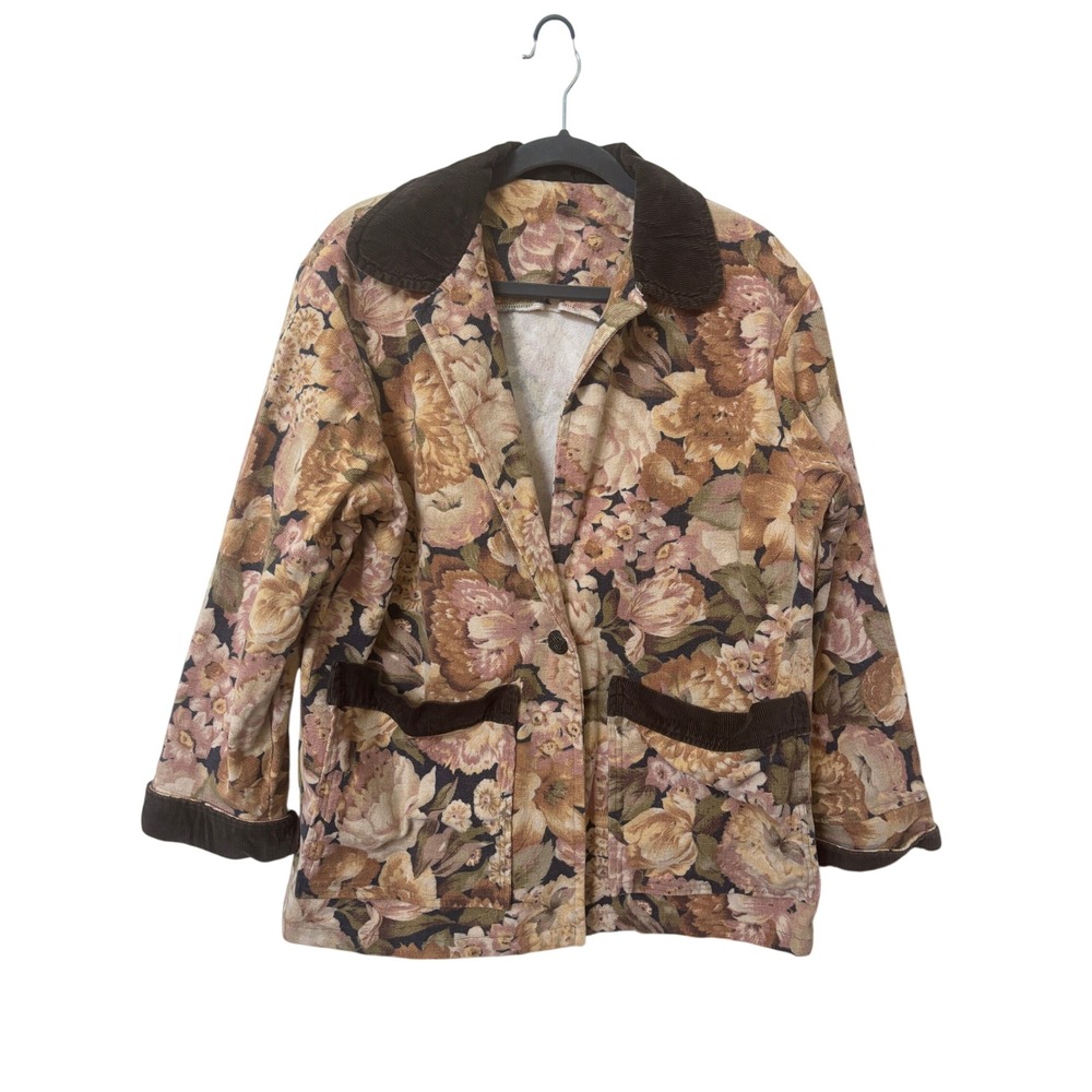 Vintage Floral Tapestry Chore Jacket Brown Corduroy Trim Barn Coat Womens L XL
